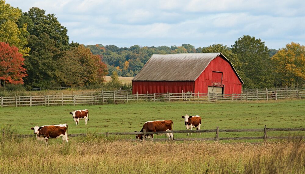 Cows grazing peacefully by a vibrant autumn farm landscape in rural countryside In a serene rural landscape, cows graze calmly on lush green grass while a vibrant red barn stands in the background.